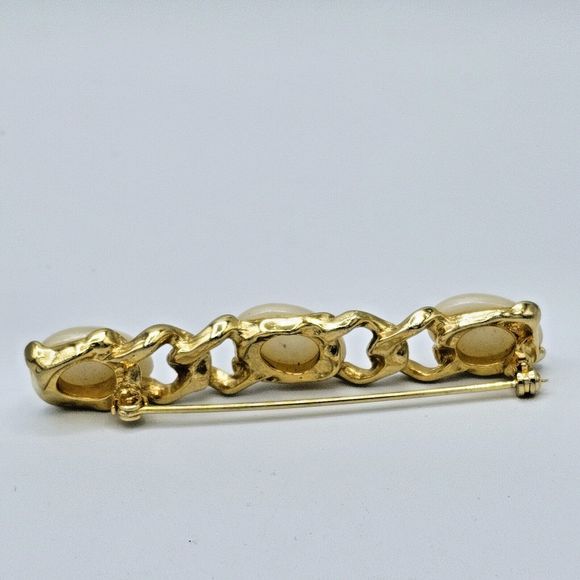 Faux Pearl Bar Brooch Vintage Gold Tone Links Elegant Statement Jewelry Pin - Picture 5 of 8
